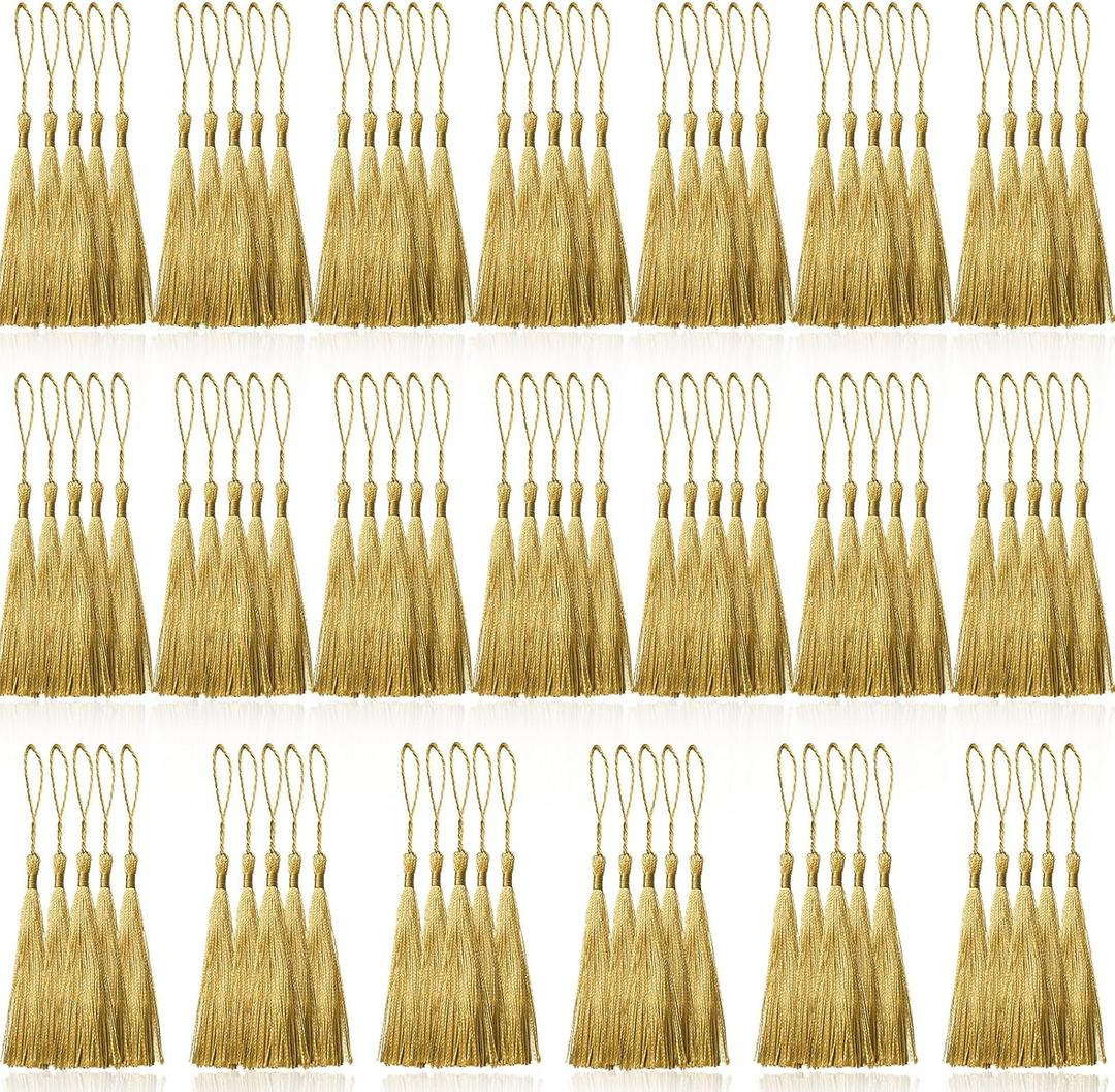 100 Pcs Gold Mini Tassels 13cm/5 Inch with Loops for Bookmarks, Jewelry Making, DIY Projects