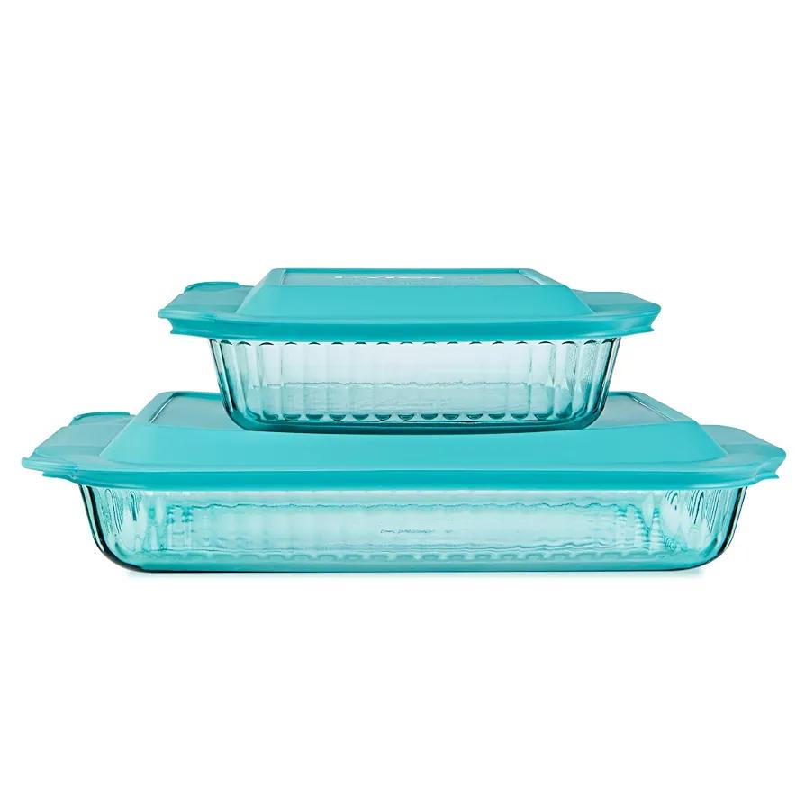 Pyrex Colors Tinted (2-Pack, Full Set) Tinted Glass Baking Dish with BPA-Free Lid, Oblong Bakeware Glass Pan For Casserole & Lasagna, Dishwasher, Freezer, Microwave and Pre-Heated Oven Safe, Aqua