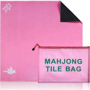 Mahjong Mat for Table with Mahjong Tile Bag, Anti Slip and Noise Reduction Table Cover for Mah jongg, Poker, Card Games, Board Games (Pink, 31.5"*31.5")