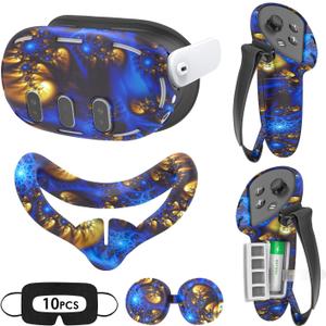 Tyasoleil VR Silicone Case for Meta Quest 3, Design Upgraded Accessories for Oculus Quest 3, Face Cover, Controller Grips, Shell Cover, Lens Cover, Disposable Eye Cover (Bluefire)