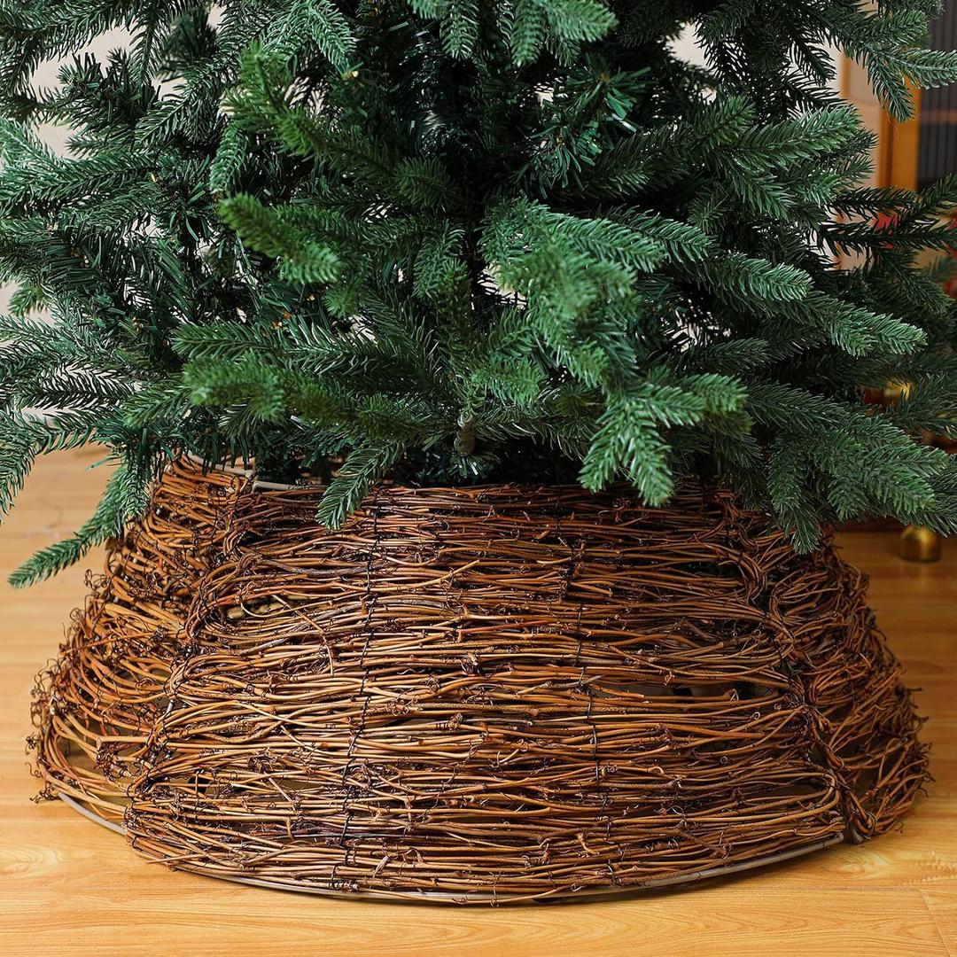 Christmas Tree Collar Rattan 24 Inches Christmas Stand Tree Collar Boho Woven Rattan Cover Rustic Natural Farmhouse Ring for Xmas Decorations