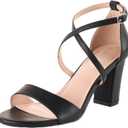 LALA IKAI Womens Ankle Strap Heels Chunky Block Rhinestone Sandals 3 Inch Open Toe Heels Party Wedding Prom Shoes (6, Black)