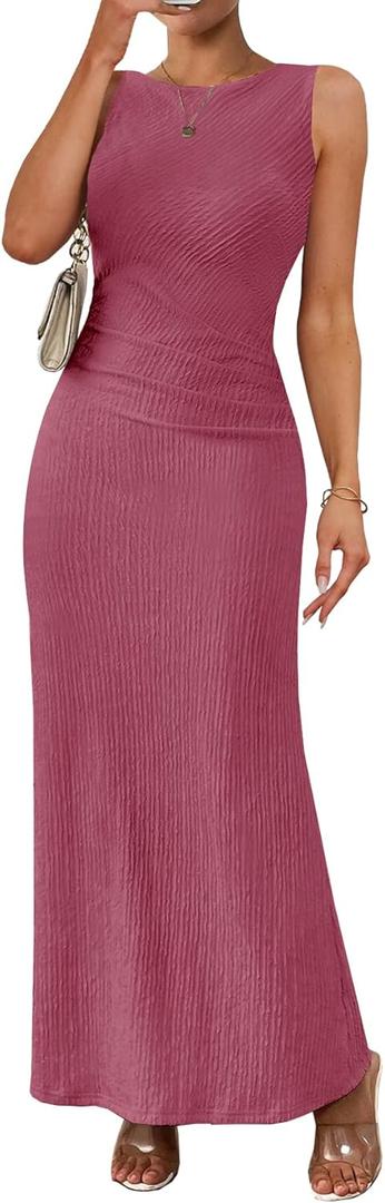 MITILLY Women Summer Formal Maxi Dress Elegant Crew Neck Sleeveless Ruched Bodycon Cocktail Party Long Dress Large Rose Pink
