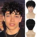 Mens Curly Wigs Black Short Wig Synthetic Heat Resistant Costume Wig Mens Daily Cosplay Party Halloween