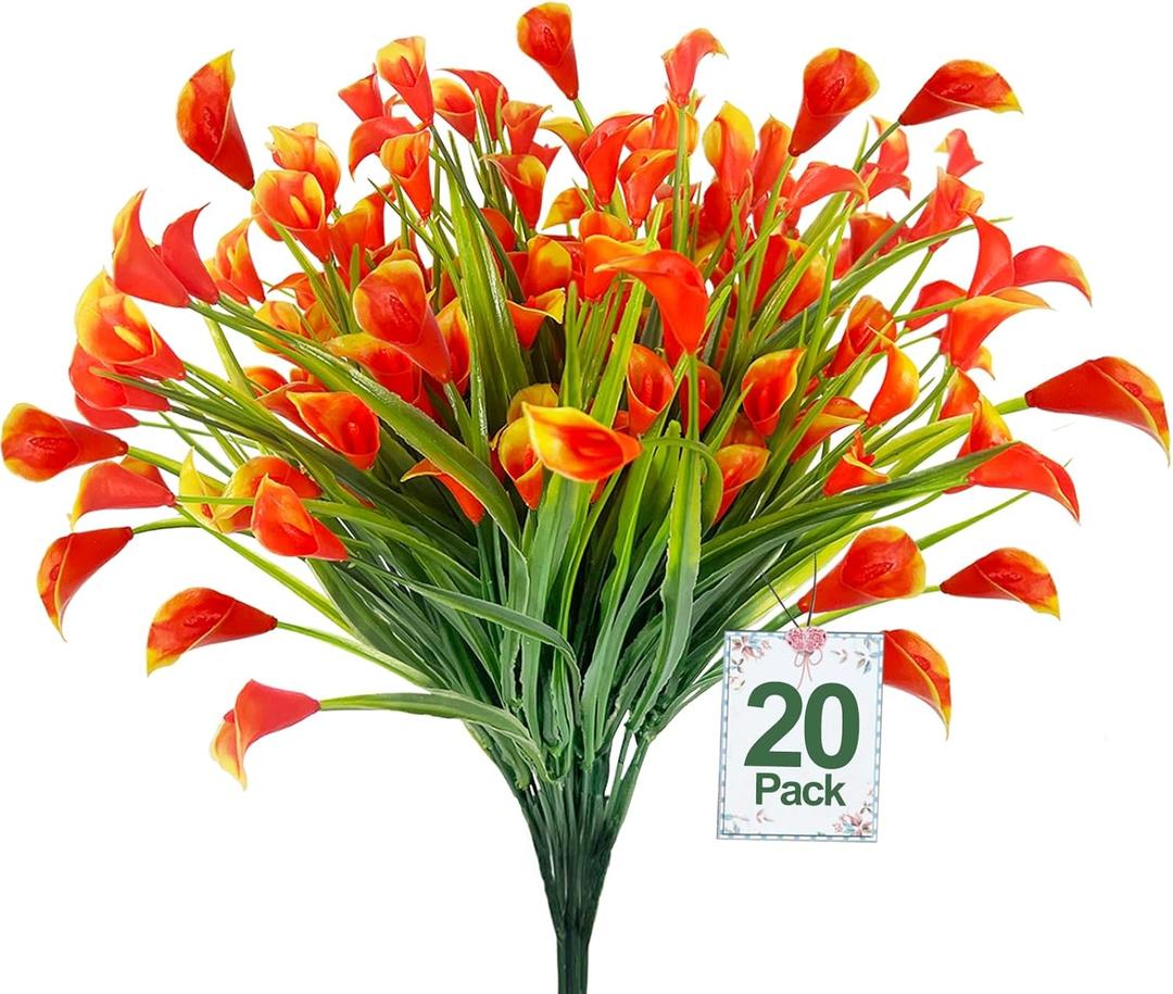 TURNMEON 20 Bundles Calla Lily (400 Heads) Artificial Flowers for Outdoors UV Resistant, Fake Faux Plastic Fake Flowers Plants for Indoor Yards Planter Home Porch Fall Summer Spring Decor(Orange Red)