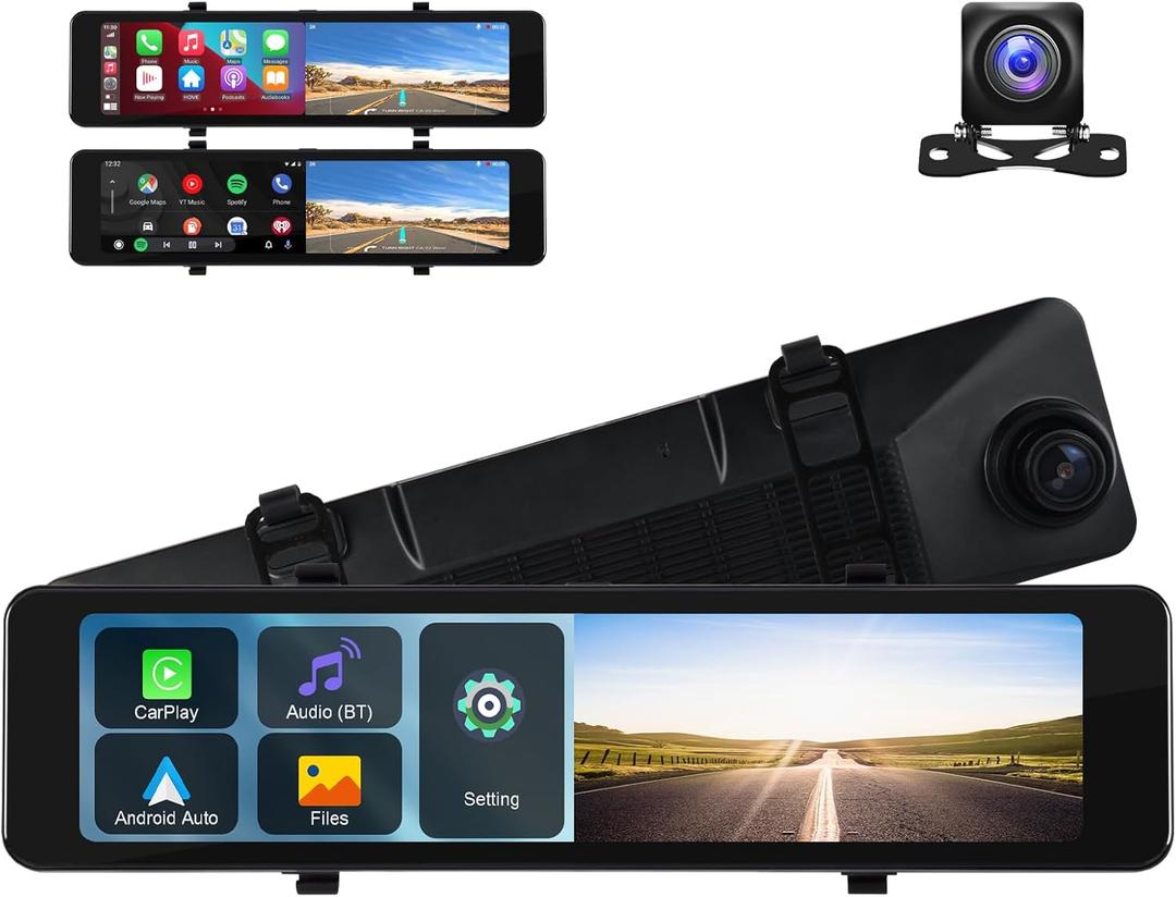 11.26 Inch 4K Mirror Dash Cam Backup camera with Wireless CarPlay Android Auto Front and Rear View Dual Cameras Night Vision Voice Control Bluetooth AUX Parking Monitor ADAS Loop Record for Cars Tucks