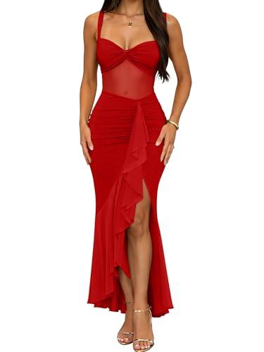 DAAWENXI Women's Sexy Sleeveless Square Neck Midi Dress Mesh Sheer Ruched Bodycon Ruffle Hem Club Party Tank Dresses Red L