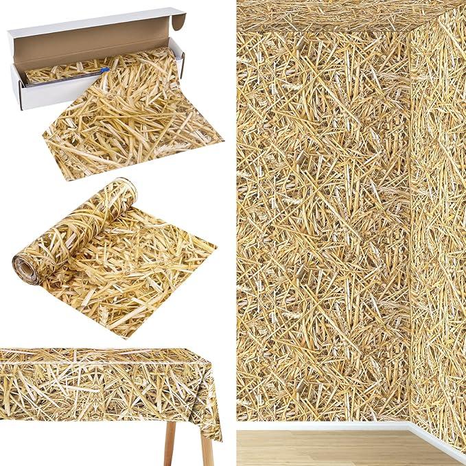 ARQRHTLY 100 Ft x 54 Inch Hay Bales Decor Hay Tablecloth Roll with Cutter Box, Large Straw Wall Backdrop, Disposable Plastic Table Cover for Western Cowboy Farm, Birthday Theme Party Supplies