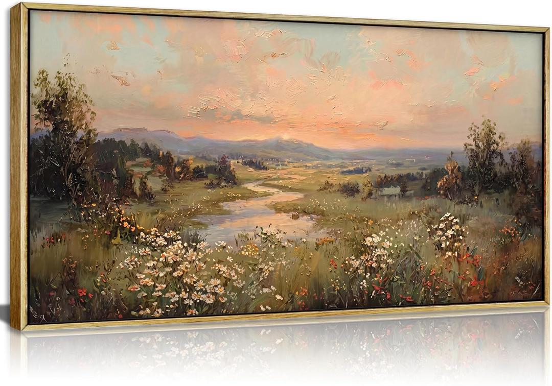 Framed Vintage Sunset Landscape Wall Art, Wildflower Meadow Canvas Print, 40"L x 20"W