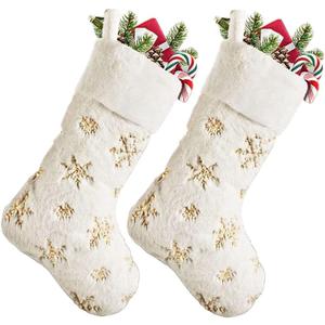 SherryDC White Plush Christmas Stockings 2 Pack, 19" Silver & Gold Snowflake Sequin Embroidered Fireplace Hanging Stockings Set for Christmas Decoration