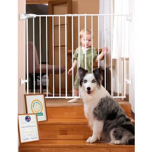 Babelio Baby Gate for Stairs, Kitchen & Doorways, No Bottom Bar| Easy Installation| One-Handed Operation| Auto-Close| Hardware Mount (Drill Needed) Safety Dog Gate (White - B17, 34" H, 29-49" W-Wide)