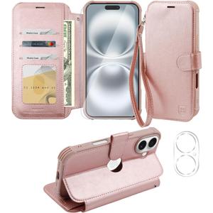 VANAVAGY Compatible for iPhone 16 Plus Wallet Case, PU Leather Flip Cover with RFID Blocking Card Holder Wrist Strap Kickstand for Wireless Charging, [Screen Protector & Camera Cover], Rose Gold
