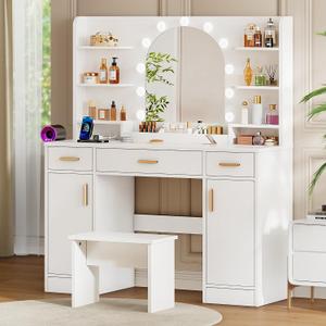 Decofy 43'' White Vanity with 11 LED Lights & Mirrow, Makeup Vanity Table with Power Outlets, Chair & Hair Dryer Holder, Dressing Table with Drawers & Cabinet, 55.1 inches x 15.7 inches x 43.29 inches