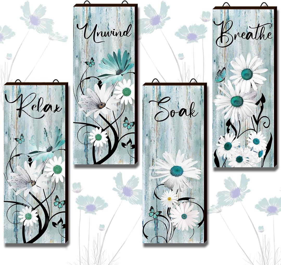 Tatuo 4 Pieces Teal Daisy Floral Bathroom Wood Wall Decor Teal Relax Soak Unwind Breathe Flower Rustic Farm Sign Turquoise Blue Daisy Floral Butterfly Wall Art Blue Bathroom Accessories for Home