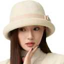 Women Vintage Felt Cloche Hats Winter Fall Solid Fedora Bucket Caps Elegant Bowler Hat Bowknot (Off-white)