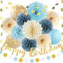 Blue Boho Birthday Decorations Light Dusty Blue Party Decorations Happy Birthday Banner Paper Pom Poms Fans Paper Lanterns for Men Women Boys Girls Birthday Party Decor