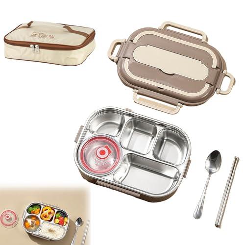 Adult Lunch Box Set, Five Compartments, Stainless Steel Construction, Easy to Clean, Heats Food by Adding Hot Water.