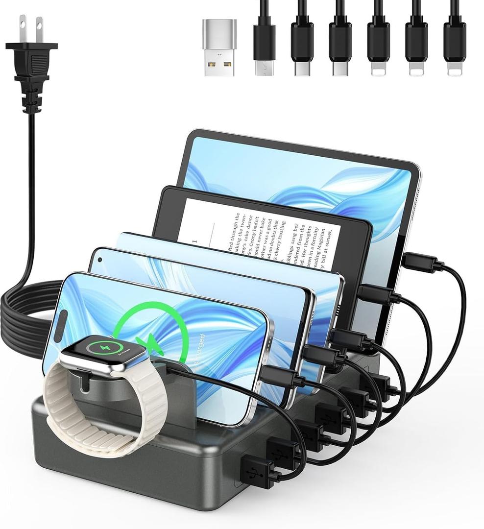 CREATIVE DESIGN 50W Fast Charging Station, 6 Port Apple Charging Station for Multiple Devices Compatible with iPhone,iPad, Tablet,Kindle ect,with 6 Short Cables and Apple Watch HolderSpace Gray