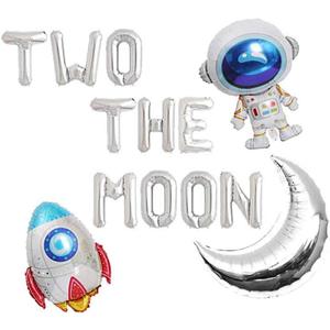 Two The Moon Balloons, 16inch Silver Letter foil Balloons Large Moon Man Robot UFO Theme for 2nd Years Old Brithday Party Supply Decoration