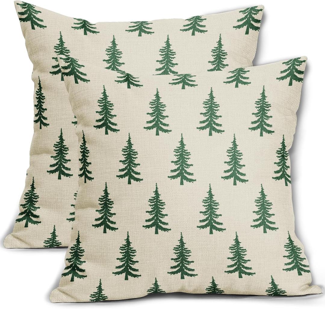 Christmas Tree Pillow Covers 18x18 Set of 2 Green Xmas Rustic Style Winter Print Decorative Outdoor Pillowcases Farmhouse Vintage Holiday Decorations Throw Cushion Case Decor for Couch Sofa Bed