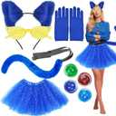 Pete Blue Cat Costume Accessories for Woman with Cat Ears Headband Pin Skirt Furry Tail Gloves for Halloween Book Character Day, One Size