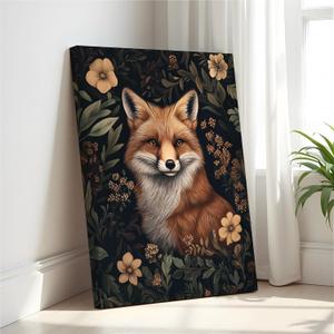 Red Fox Art Print Canvas Wrapped Painting, William Morris Style Retro Mid Century Botanical Victorian Dark Academia Gothic Decor Gallery 10b (Red Fox, 20"L x 16"W CANVAS, Wrapped Canvas)