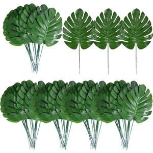 XONOR 100Pcs Artificial Monstera Leaves Fake Tropical Faux Palm Leaves with Stem for Jungle Hawaiian Dinosaur Luau Party Table Decoration Wedding Birthday Theme Party, Leaf Size: 7''x 5''