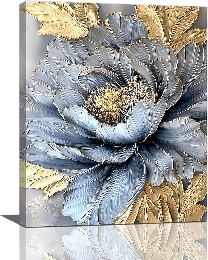 Blue Golden Peony Flower Wall Art For Female Gold Bathroom Canvas Wall Decor Boho Floral Pictures Aesthetic Textured Paintings Prints Modern Woman Artwork Framed Decorations For Bedroom Living Room Office Gifts 16" x 20"