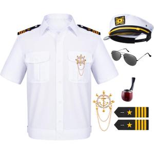 6PCS Men's Yacht Captain Sailor Costume Adult Shirt Hat Accessories Set Party Cosplay (White) Small