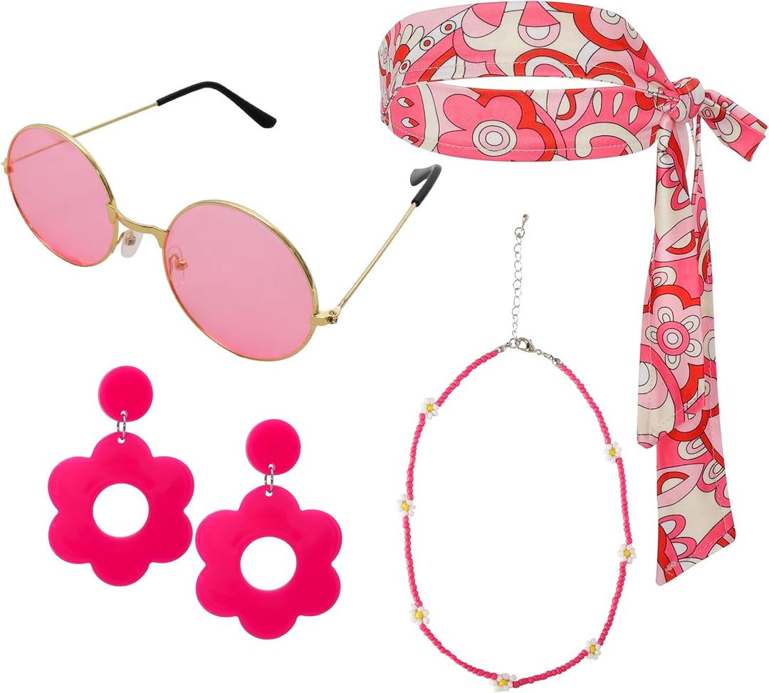 Fumwase 4pcs Hippie Costume Accessories for Women 70s Headband Hippie Earring Sunglasses Choker for 60s 70s 80s Groovy Party