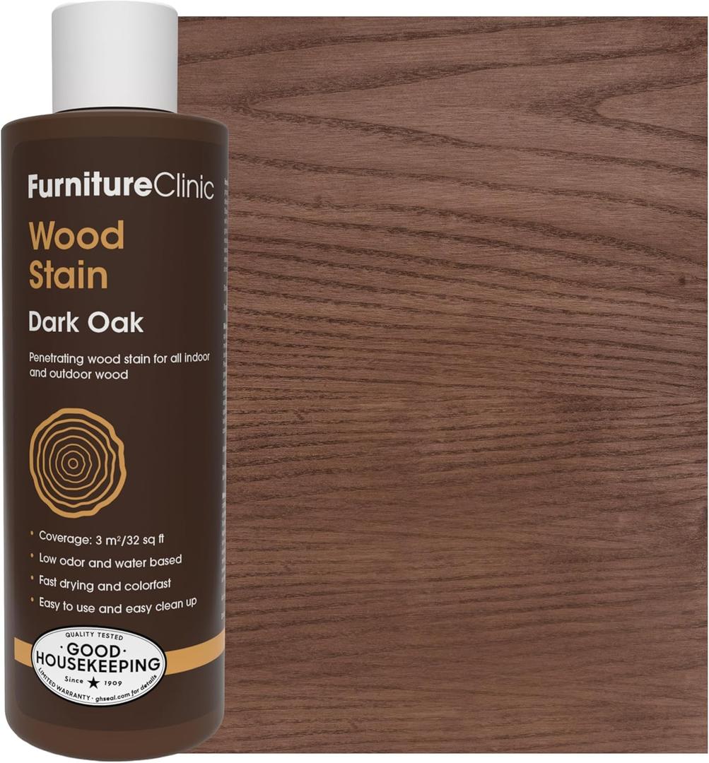 Furniture Clinic Wood Stain | Dark Oak | Water Based | Fast Drying, Low Odor, & Non-Toxic | for Indoor & Outdoor Furniture and More | Multiple Finishes | (8.5oz / 250ml)