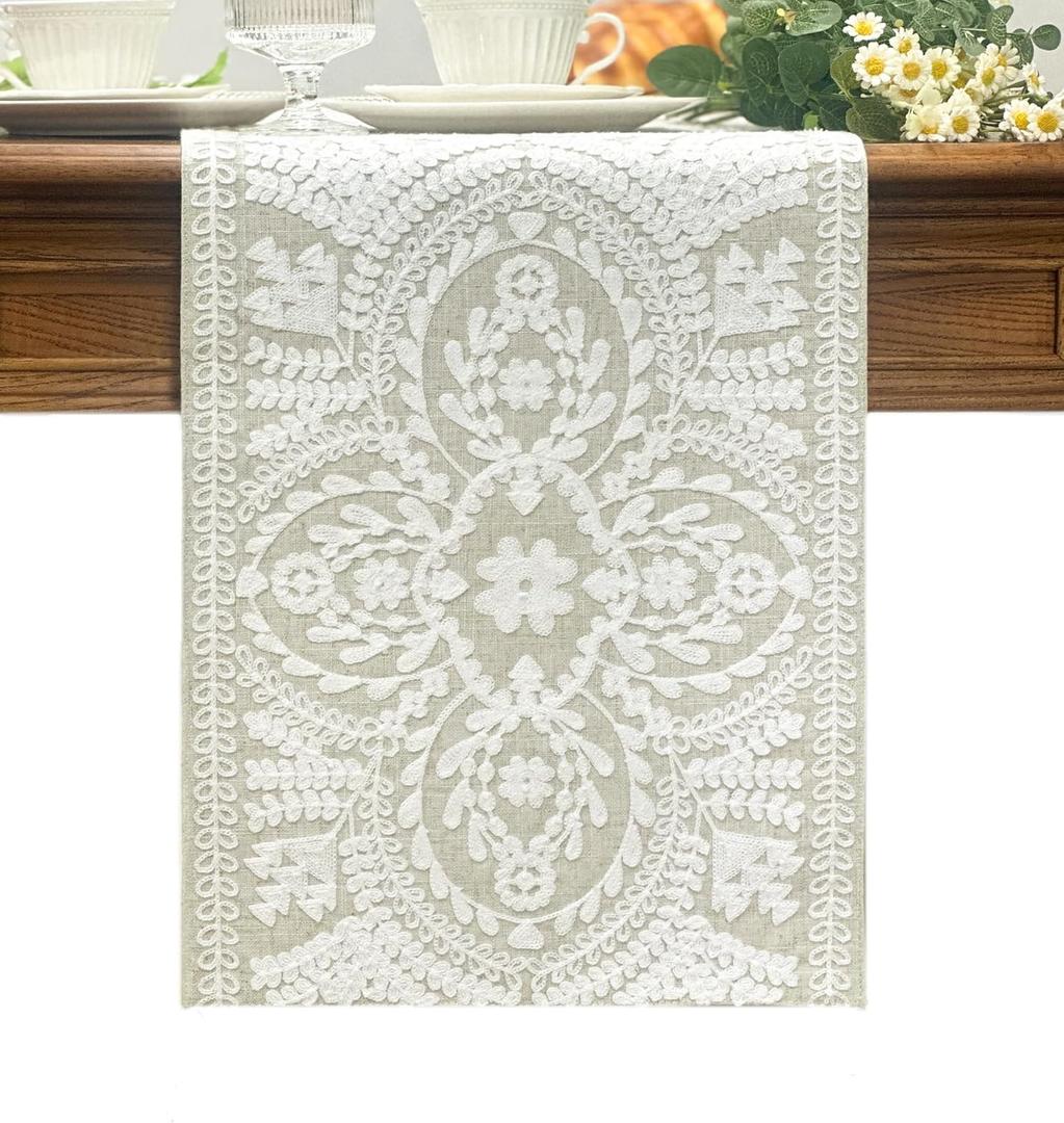 Boho Table Runner 72inches Long, Farmhouse Linen Table Runner, Rustic Vintage White Embroidered Table Runners 13x72 Inch for Dining Table Decorations