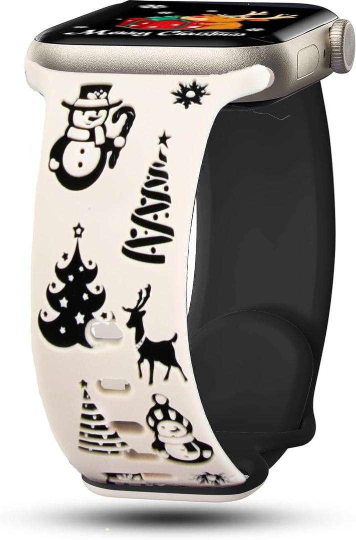 Blingbrione Christmas Engraved Band Compatible Apple Watch 38mm 40mm 41mm 42mm 44mm 45mm 46mm 49mm Winter Women,Silicone Santa Snowman Xmas Holiday Reindeer Green Red Strap for iphone Watch Series Ultra 11 10 9 8 7 SE 6 5 4 3 2 1 (Starlight/Black)