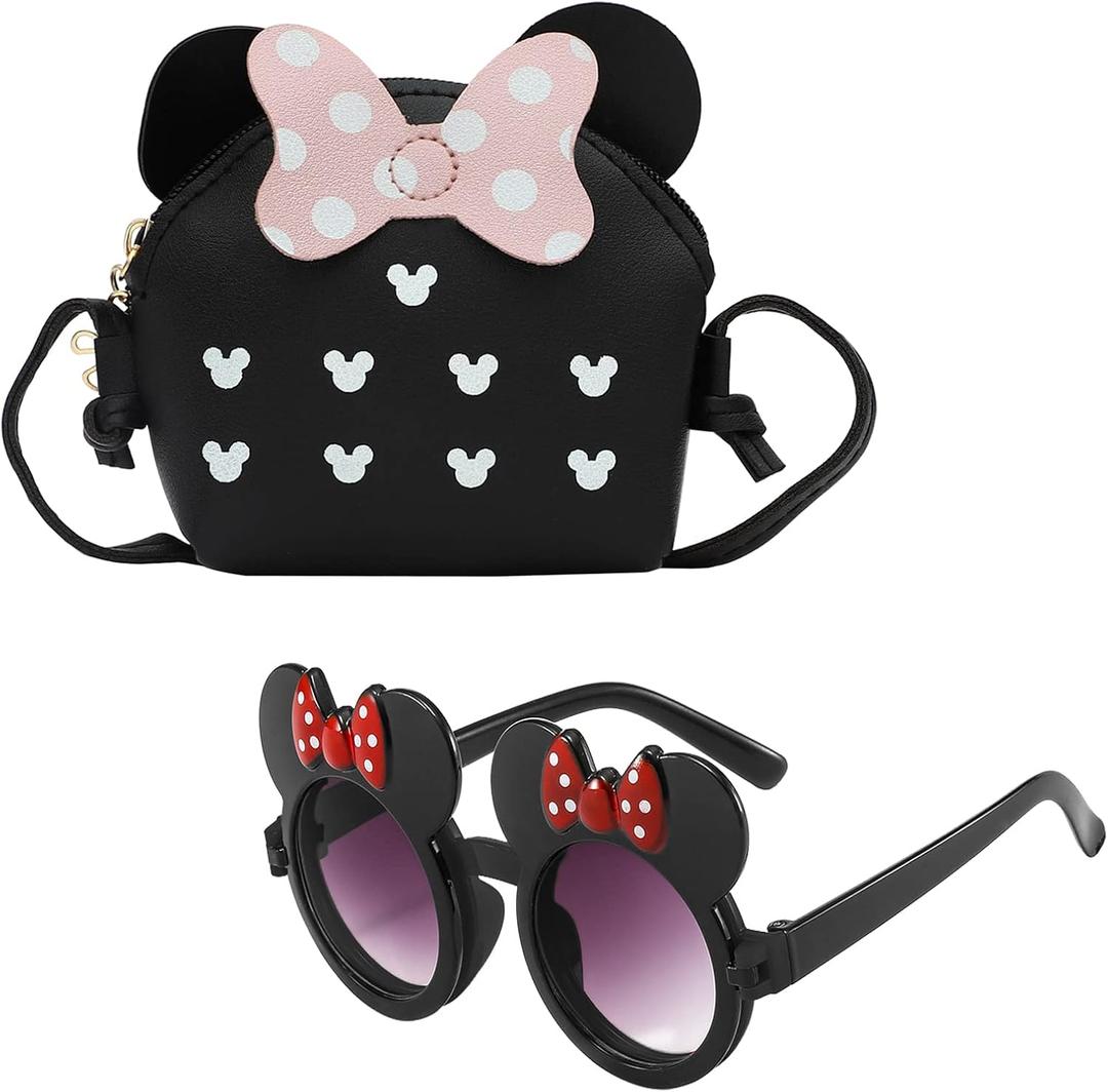 ONEST 2 Pieces Little Girls Crossbody Purses Set Toddler Mini Cute Princess Handbags Girls Sunglasses Girl Fashion Sunglass (Bow Black)