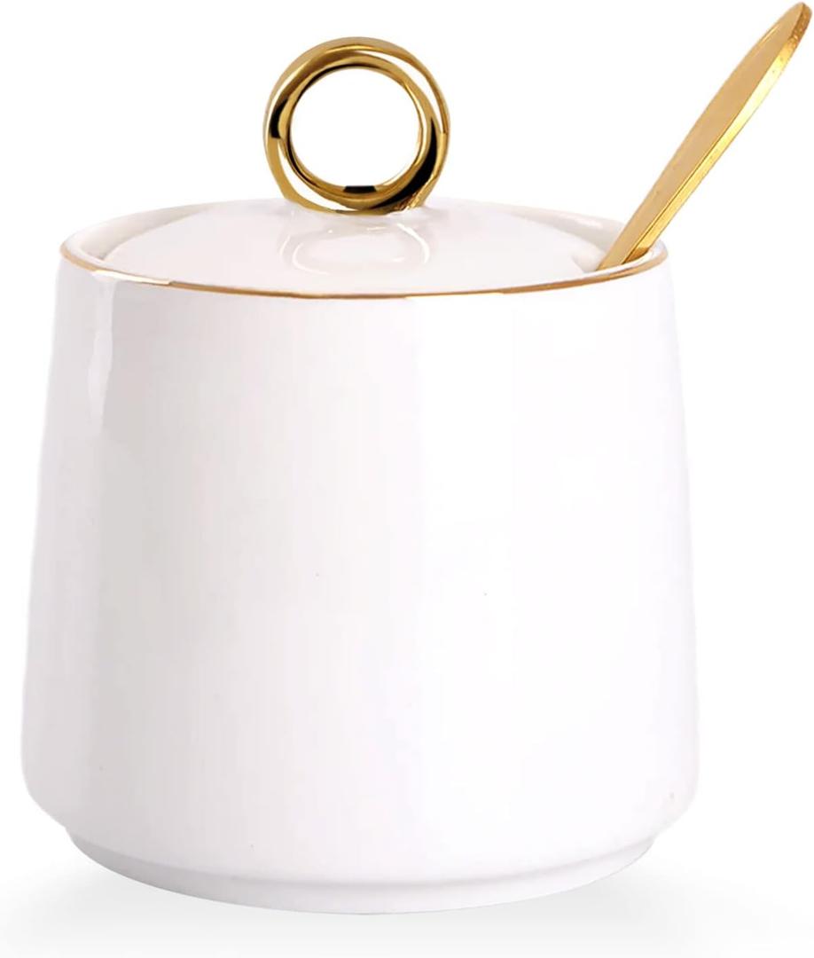 WHJY Ceramic Sugar Bowl with Lid and Spoon, Simple White Clear Porcelain Salt Bowl Salt Container, Modern Spice Box Seasoning Jar for Home and Kitchen Coffee Bar - White
