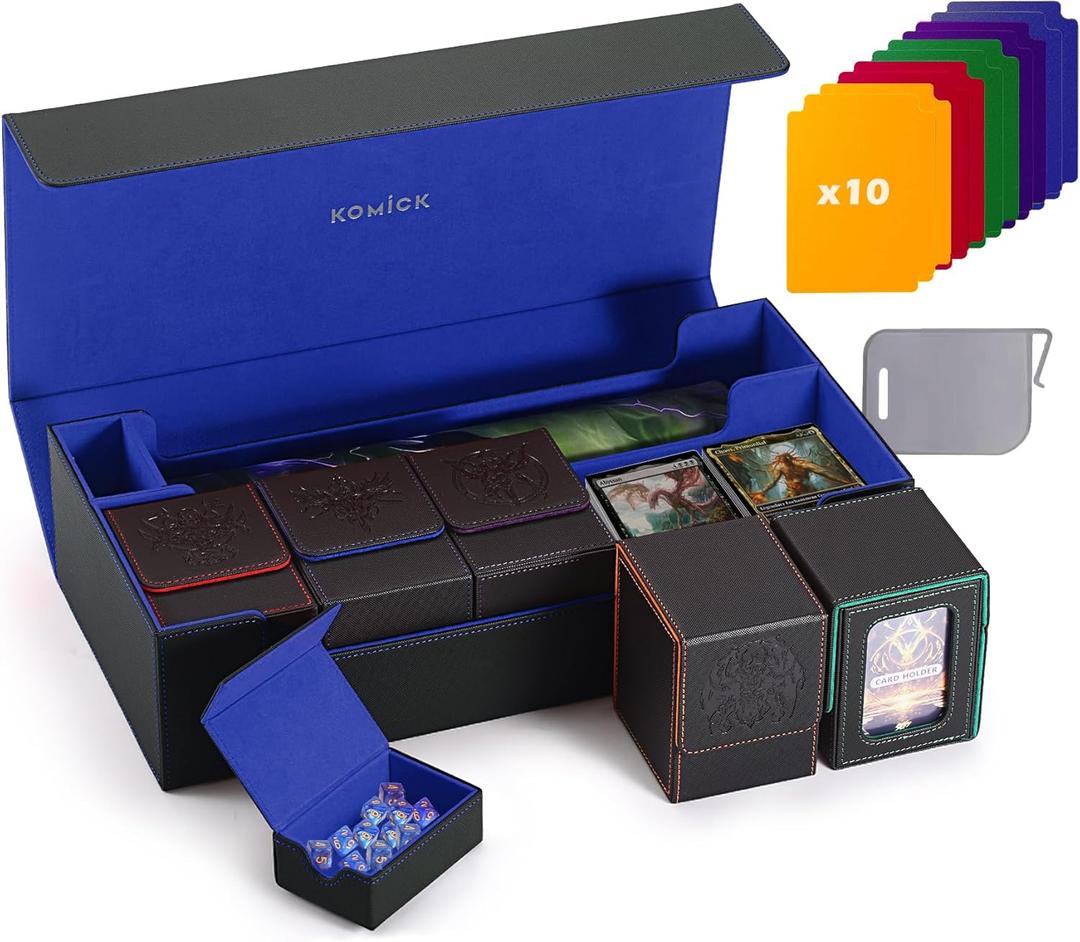 Premium Deck Box MTG with Playmat and Dice Tray, Holds 5 Display Deck Case or 800+ Sleeved Cards,10 Colorful Dividers & Card Supporter, Durable Trading Card Storage for MTG, YuGiOh, TCG, Sports Cards (Black / Blue)