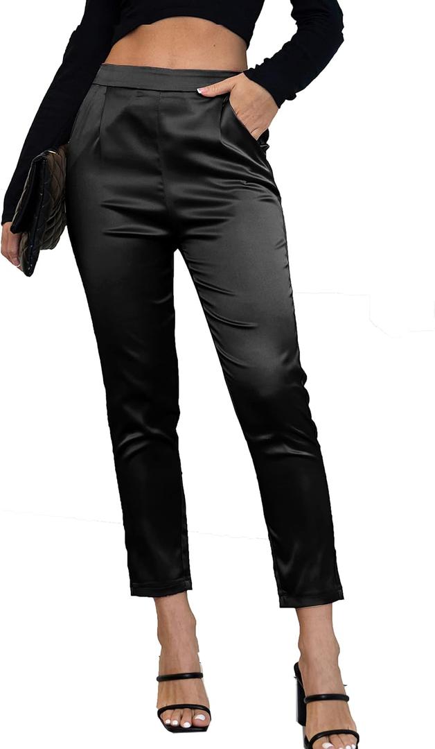 Fakanhui Women's Satin Silky Dress Casual Elastic High Waist Stretch Elegant Pants Trousers (Medium, Black01)