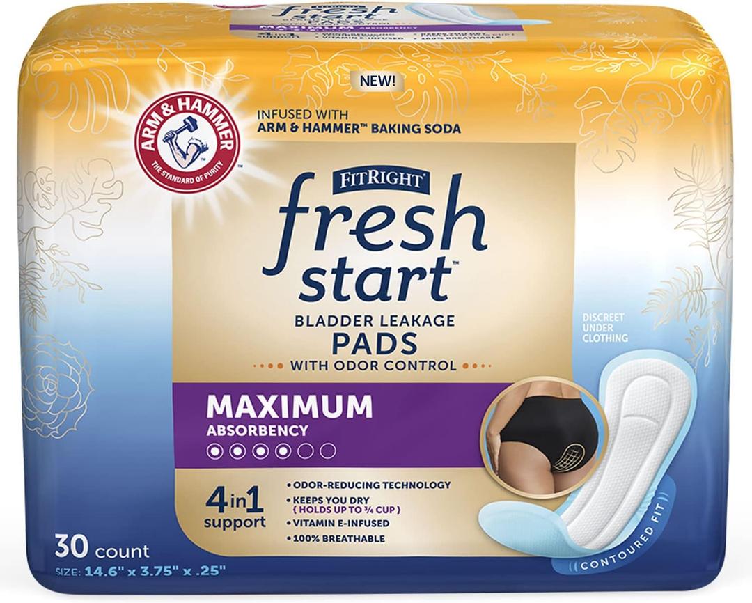 FitRight Fresh Start Postpartum and Incontinence Pads for Women, Maximum Absorbency (30 Count) Bladder Leakage Pads with The Odor-Control Power of ARM & Hammer (30 Count, Pack of 1) FitRight Fresh Start Postpartum and Incontinence Pads for Women, Maximum Absorbency (30 Count) Bladder Leakage Pads with The Odor-Control Power of ARM & Hammer (30 Count, Pack of 1)