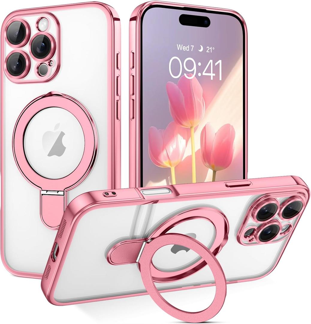 GUAGUA for iPhone 16 Pro Case with Stand, Magnetic Clear Cases Plating Edge Invisible Ring Holder Slim Shockproof Protective Kickstand Case for iPhone 16 Pro 6.3 inch, Rose Gold