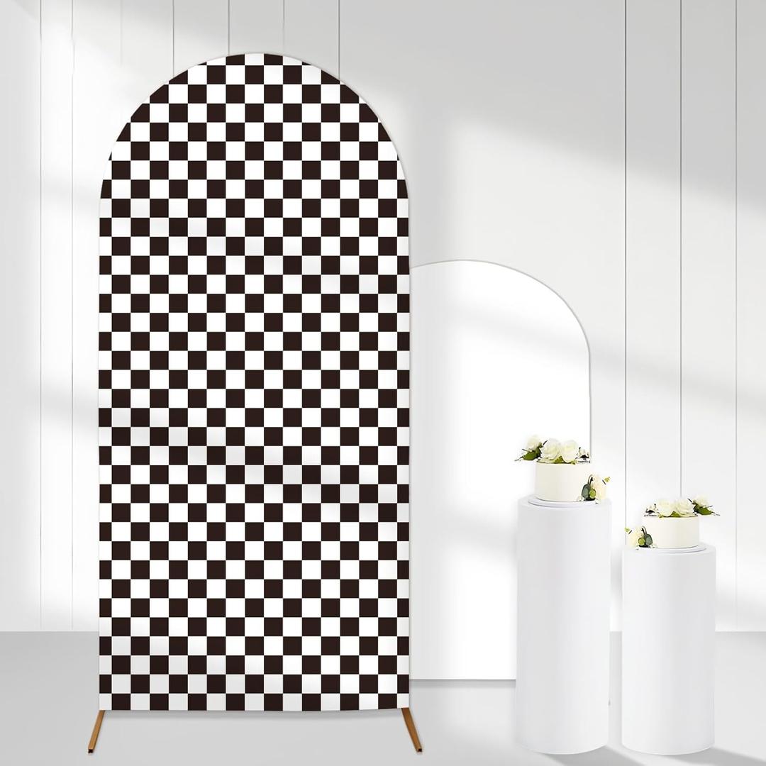Black White Checkered Arch Backdrop Covers, 6 Ft Boho Stretchy Arch Backdrop Stand Covers Photography Background Black Plaid Arch Stand Covers for Wedding Birthday Baby Shower Party Decor (1)