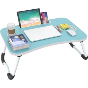 BUYIFY Folding Lap Desk, 23 Inch Portable Wood Blue Laptop Bed Desk Lap Desk with Cup Holder, for Working Reading Writing, Eating, Watching Movies for Bed Sofa Couch Floor- new005 Blue