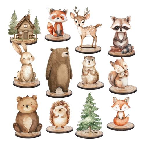 FYSUIMU 12Pcs Woodland Animal Table Centerpiece Forest Animal Wood Tabletop Detachable Sign Rustic Tiered Tray Decor for Baby Shower Gender Reveal Birthday Photo Props Party Favor Supplies