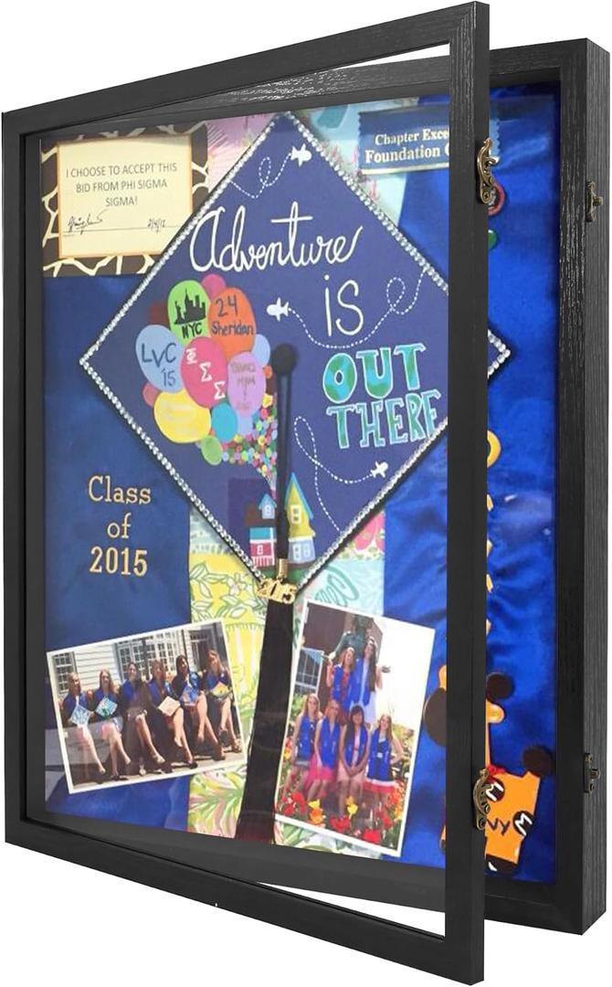 GraduatePro Graduation Shadow Box Frame 16x20 Display Case with Linen Back, Plexiglass Window Door with Hinge, Picture Frame Wedding Bouquet Memorabilia Medals Photos Memory Box for Keepsakes Black