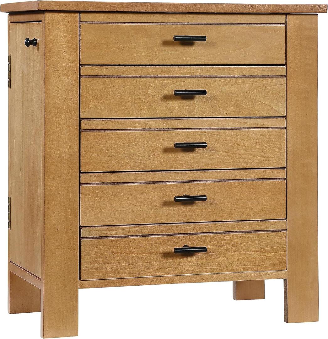 Hives & Honey Emma Wooden Jewelry Organizer - Tabletop Storage Chest with 4 Drawers, Multi-Compartment Design, Necklace Hooks, 2 Doors & Accent Knobs (Pine)