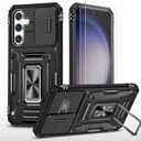 Ezanmull for Samsung Galaxy S24 FE Case with Slide Camera Cover + Screen Protector(2 Packs), Rotated Ring Kickstand Military Grade Shockproof Protective Cover for Samsung Galaxy S24 FE