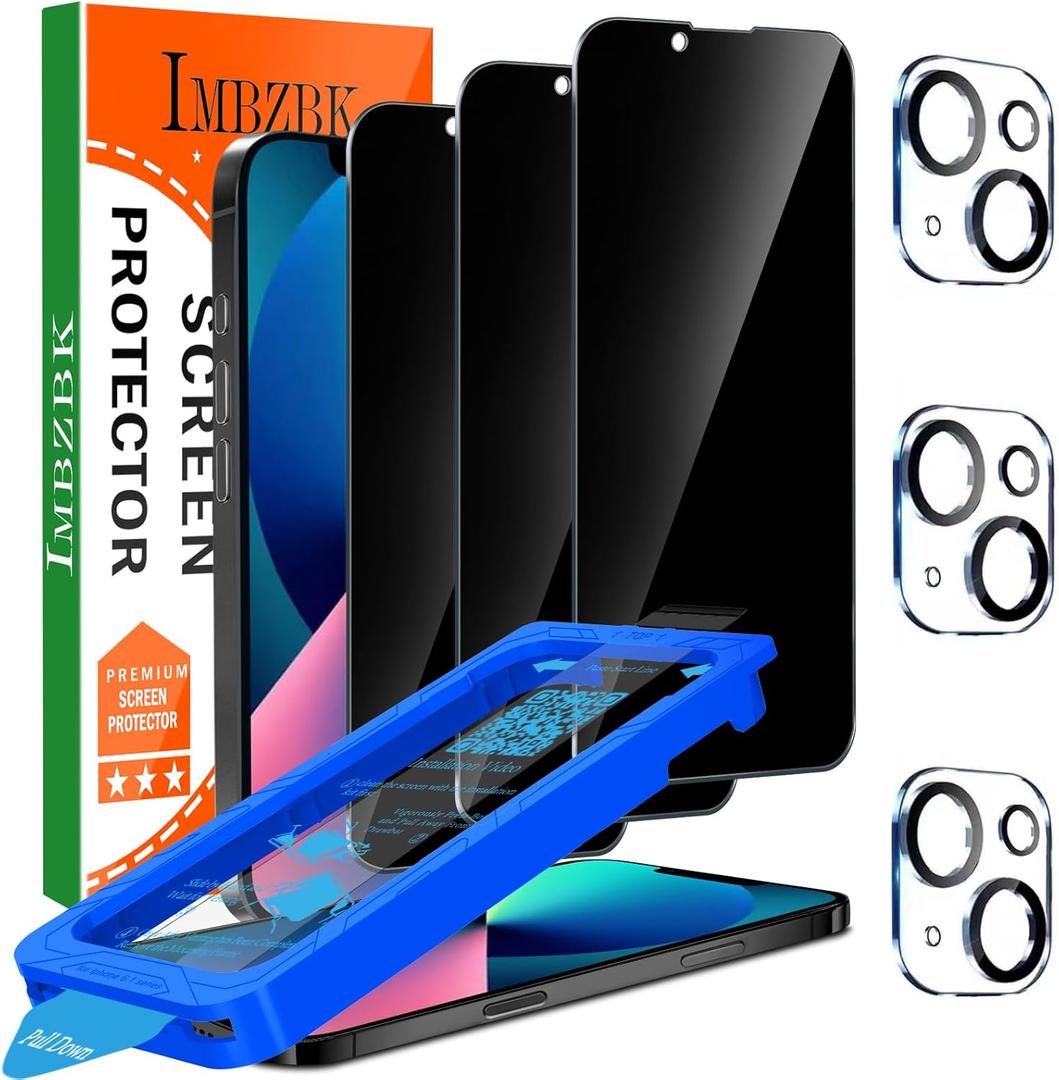 IMBZBK [Auto-Dust Removal] 3 Pack Privacy Screen Protector for iPhone 13 Anti Spy Private Accessories, Case Friendly Film, Military Grade Tempered Glass 3 Camera Lens Protector