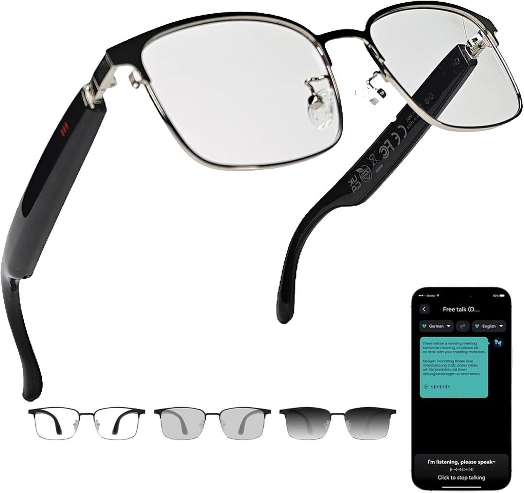 Ai Smart Glasses Bluetooth 5.4 with Translation for Men Women 160+Languages Color-Change Lens Power by Chat GPT Assistant Free App Translator Glasses Meeting,Driver,Travel