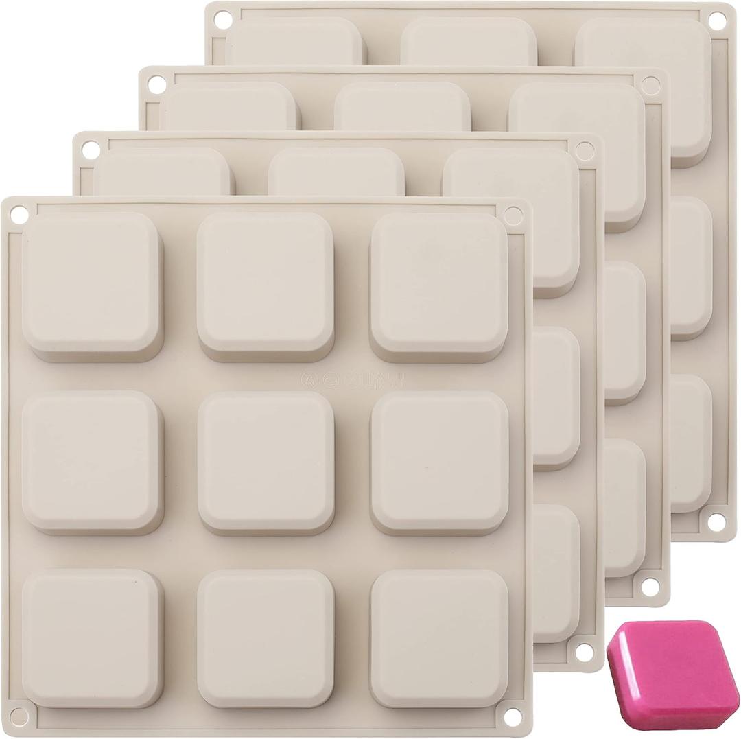 Hedume 4 Pack Silicone Soap Molds, 9 Cavities Square Soap Mold DIY Handmade Silicone Mold for Soap Making, Pudding, Muffin, Loaf, Brownie, Cornbread