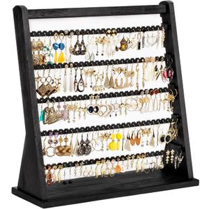 Poyilooo Earring Holder Organizer, Rustic Wood Earring Holder Stand, 5 Layer Jewelry Holder Organizer with 270 Earring Tree Holes Display Rack for Stud Earings & Hoop Earrings, Gifts for Women (Weathered Black)
