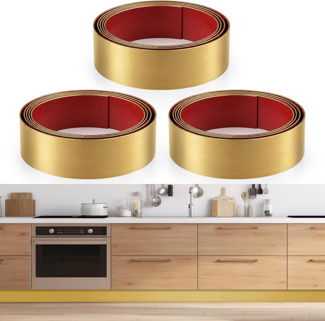 3 Pack 8 x 34 Inch Stainless Steel Kick Plate for Protection Decoration DIY Self Adhesive Metal Kick Plates for Interior or Exterior Wall Kitchen Cupboard Dishwasher(Gold)